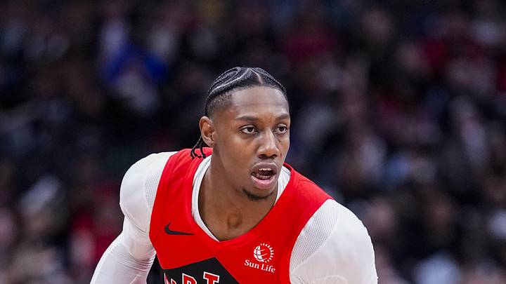 Apr 12, 2026; Toronto, Ontario, CAN; Toronto Raptors forward RJ Barrett (9) dribbles against the Brooklyn Nets during the second half at Scotiabank Arena. Mandatory Credit: Kevin Sousa-Imagn Images