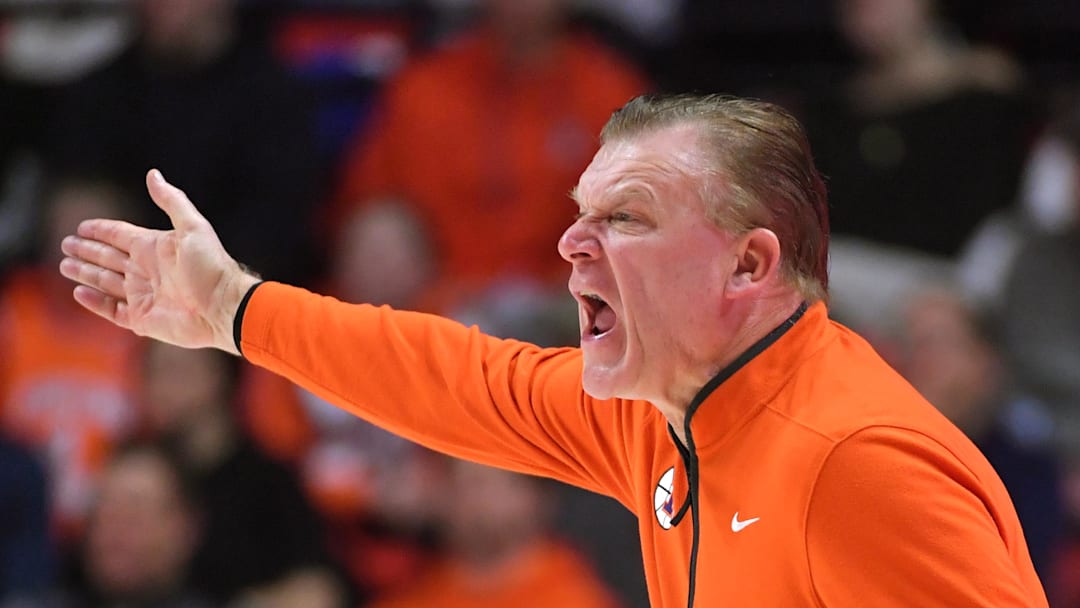 Feb 10, 2026; Champaign, Illinois, USA;  Illinois Fighting Illini head coach Brad Underwood reacts during the first half against the Wisconsin Badgers at State Farm Center. Mandatory Credit: Ron Johnson-Imagn Images