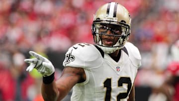 Sep 13, 2015; Glendale, AZ, USA; New Orleans Saints wide receiver Marques Colston (12) reacts during the first half against the Arizona Cardinals at University of Phoenix Stadium. Mandatory Credit: Matt Kartozian-Imagn Images