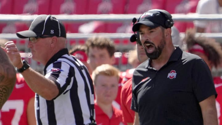 Sept. 21, 2024; Columbus, Ohio, USA;
Ohio State Buckeyes head coach Ryan Day yells to an official from the sideline during the second half of an NCAA Division I football game against the Marshall Thundering Herd at Ohio Stadium on Saturday.
