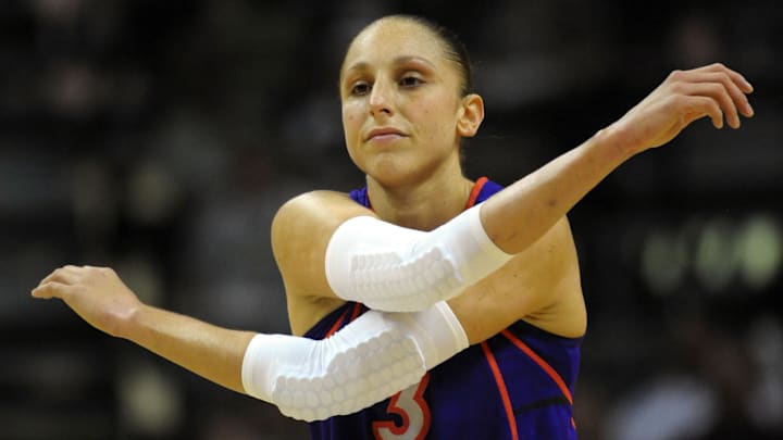 August 28, 2010; San Antonio, TX, USA; Phoenix Mercury guard Diana Taurasi (3) warms up prior to the start of the second quarter against the San Antonio Silver Stars at the AT&T Center. Mandatory Credit: Brendan Maloney-Imagn Images
