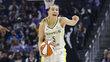 Dallas Wings guard Paige Bueckers gestures against the Golden State Valkyries.