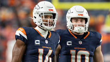 December 3, 2024, Denver, Colorado, USA: Broncos WR COURTLAND SUTTON & QB BO NIX talk on the sideline during warm-ups before the 1st. Half at Empower Field at Mile High Monday night. The Broncos beat the Browns 41-32.