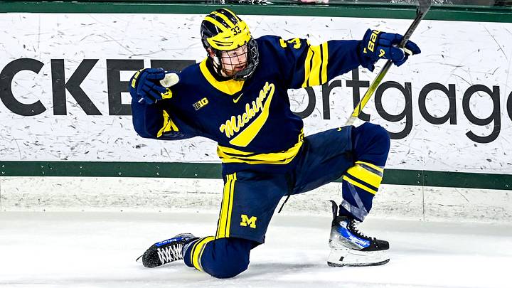 Michigan's Kienan Draper celebrates after a score against Michigan State during the first period on Friday, Jan. 19, 2024, at Munn Arena in East Lansing. Michigan's Kienan Draper celebrates after a score against Michigan State during the first period on Friday, Jan. 19, 2024, at Munn Arena in East Lansing.