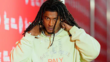 Oct 19, 2025; Kansas City, Missouri, USA; Kansas City Chiefs running back Isiah Pacheco (10) arrives prior to the game against the Las Vegas Raiders at GEHA Field at Arrowhead Stadium.