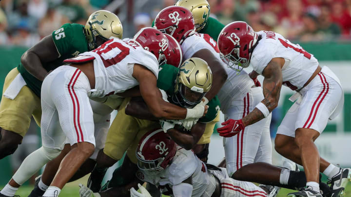 Sep 16, 2023; Tampa, Florida, USA;  South Florida Bulls running back Michel Dukes (2) runs with the ball against the Alabama Crimson Tide in the first quarter at Raymond James Stadium. Mandatory Credit: Nathan Ray Seebeck-USA TODAY Sports