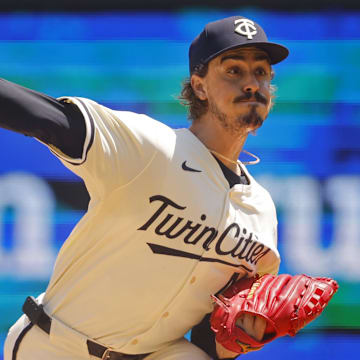 Jul 6, 2025; Minneapolis, Minnesota, USA; Minnesota Twins starting pitcher Joe Ryan (41) throws to the Tampa Bay Rays in the first inning at Target Field. 