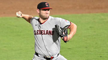 Sep 5, 2025; St. Petersburg, Florida, USA; Cleveland Guardians starting pitcher Gavin Williams (32) throws a pitch in the second inning against the Tampa Bay Rays  at George M. Steinbrenner Field. Mandatory Credit: Jonathan Dyer-Imagn Images