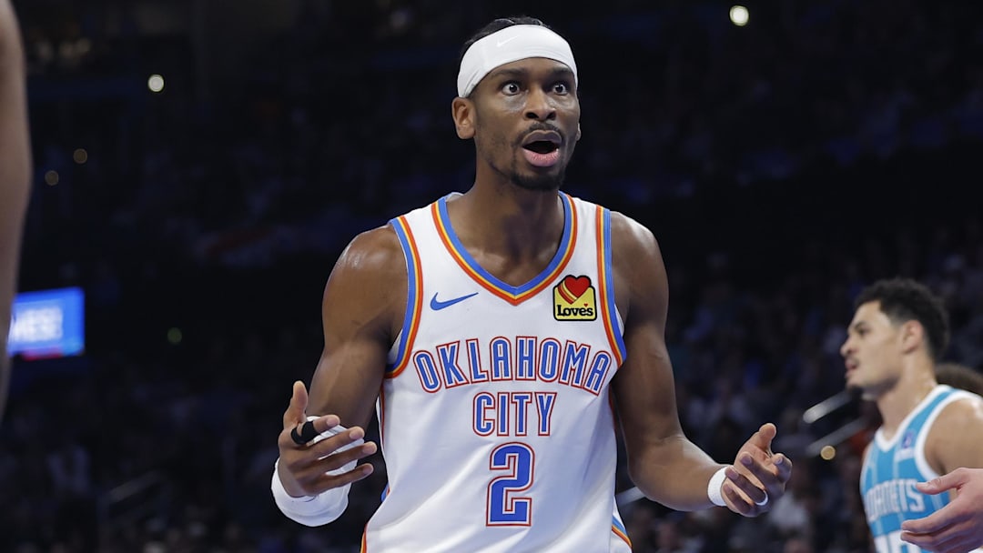 Jan 5, 2026; Oklahoma City, Oklahoma, USA; Oklahoma City Thunder guard Shai Gilgeous-Alexander (2) reacts after an official call following a play against the Charlotte Hornets during the second half at Paycom Center. Mandatory Credit: Alonzo Adams-Imagn Images