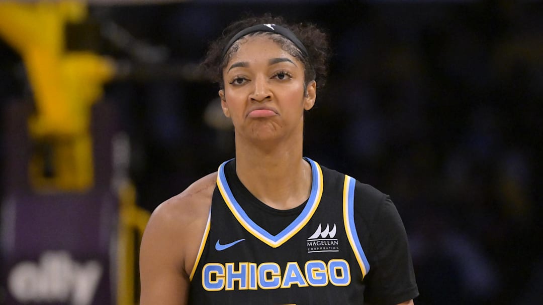 Jun 29, 2025; Los Angeles, California, USA; Chicago Sky forward Angel Reese (5) reacts after a basket in the second half against the Los Angeles Sparks at Crypto.com Arena. Mandatory Credit: Jayne Kamin-Oncea-Imagn Images