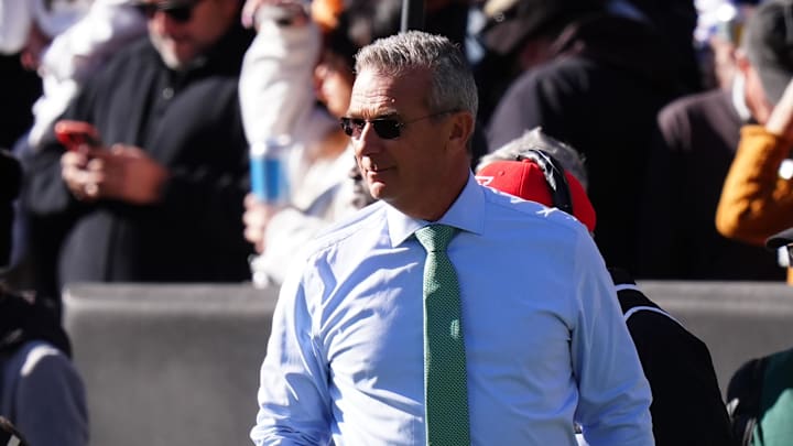 Nov 16, 2024; Boulder, Colorado, USA; Fox Sports reporter Urban Meyer walks the sidelines in the first quarter between the Utah Utes against the Colorado Buffaloes at Folsom Field. Nov 16, 2024; Boulder, Colorado, USA; Fox Sports reporter Urban Meyer walks the sidelines in the first quarter between the Utah Utes against the Colorado Buffaloes at Folsom Field.