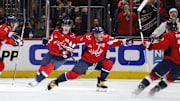 Washington Capitals left wing Alex Ovechkin celebrates after scoring the game-winning goal in overtime against the Montreal Canadiens.