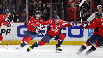 Washington Capitals left wing Alex Ovechkin celebrates after scoring the game-winning goal in overtime against the Montreal Canadiens.