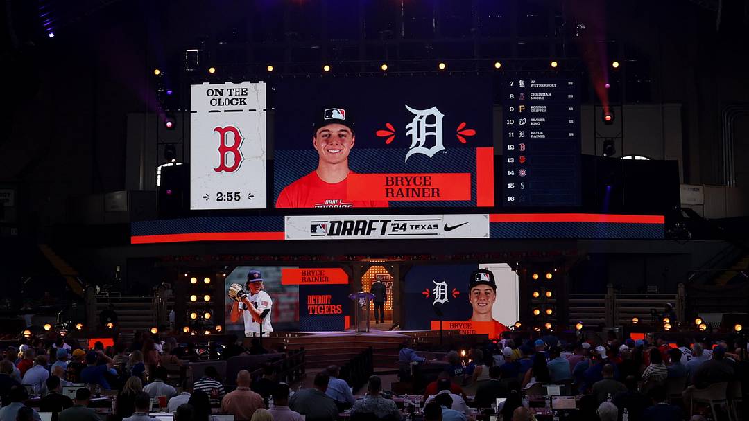 Jul 14, 2024; Ft. Worth, TX, USA; The Detroit Tigers draft Bryce Rainer with the eleventh pick during the first round of the MLB Draft at Cowtown Coliseum. Mandatory Credit: Kevin Jairaj-Imagn Images