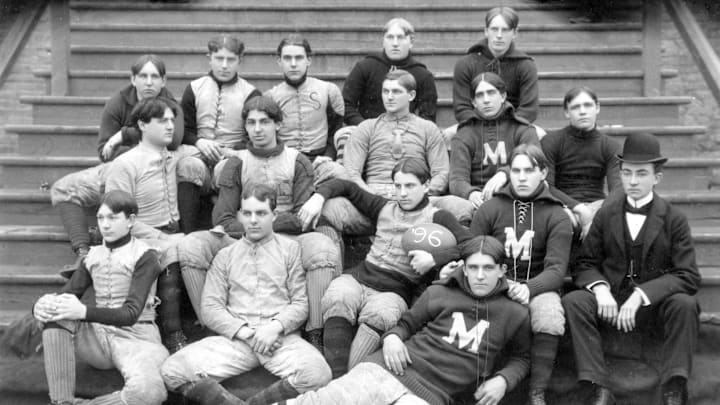 The 1896 Mercersburg football team, one of the first in the program's history, posed for a team photo. It went 6-0, including wins over two college programs. The 1896 Mercersburg football team, one of the first in the program's history, posed for a team photo. It went 6-0, including wins over two college programs.