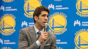 May 20, 2014; Oakland, CA, USA; Golden State Warriors general manager Bob Myers addresses the media in a press conference after naming Steve Kerr (not pictured) as the new head coach for the Warriors at the Warriors Practice Facility. Mandatory Credit: Kyle Terada-Imagn Images