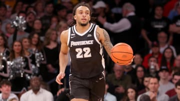 Mar 15, 2024; New York City, NY, USA; Providence Friars guard Devin Carter (22) brings the ball up