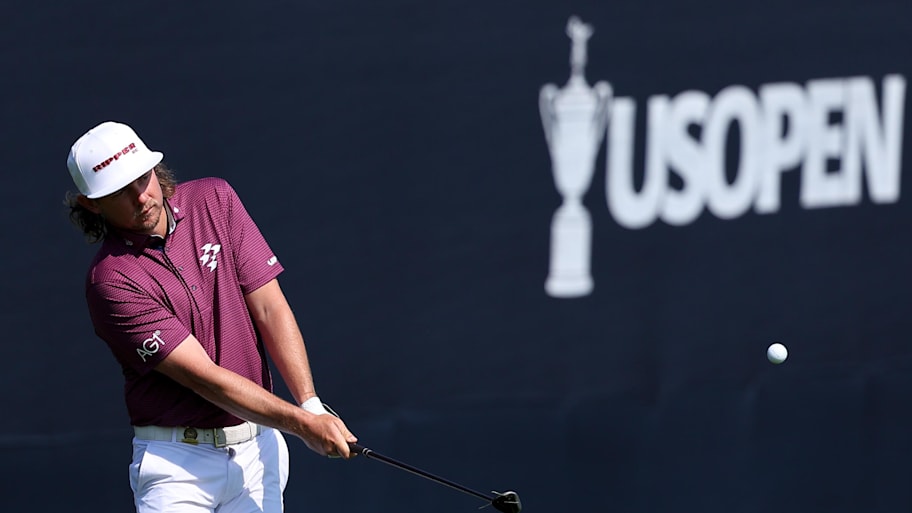 Cameron Smith plays a shot on the 18th hole during a practice round for the 2025 U.S. Open.