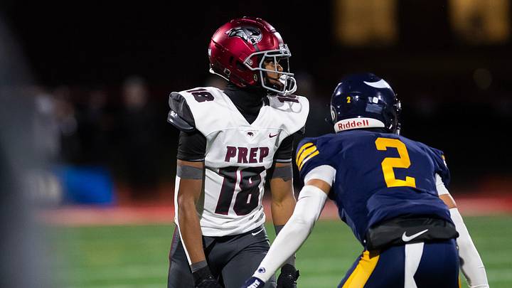 Central Catholic cornerback Xxavier Thomas (2) lines up across from St. Joseph's Prep wide receiver Jett Harrison in the first half of the PIAA Class 6A football championship game at Cumberland Valley High School, Saturday, Dec. 7, 2024, in Silver Spring Township, Pa.