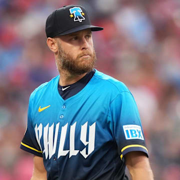 Jun 20, 2025; Philadelphia, Pennsylvania, USA; Philadelphia Phillies starting pitcher Zack Wheeler (45) looks on against the New York Mets in the second inning at Citizens Bank Park