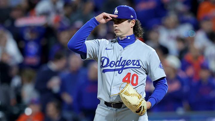 Oct 18, 2024; New York City, New York, USA; Los Angeles Dodgers relief pitcher Brent Honeywell (40) reacts during the fourth inning of game five of the NLCS against the New York Mets during the 2024 MLB playoffs at Citi Field. Mandatory Credit: Brad Penner-Imagn Images