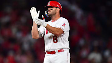 August 3, 2023; Anaheim, California, USA; Los Angeles Angels third baseman Mike Moustakas (8) reacts