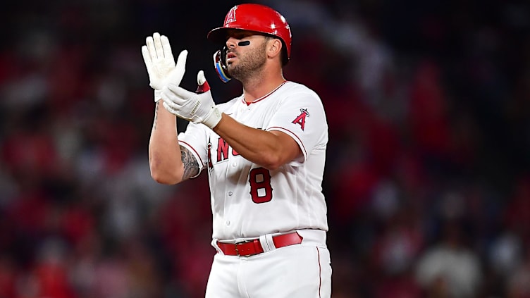 August 3, 2023; Anaheim, California, USA; Los Angeles Angels third baseman Mike Moustakas (8) reacts