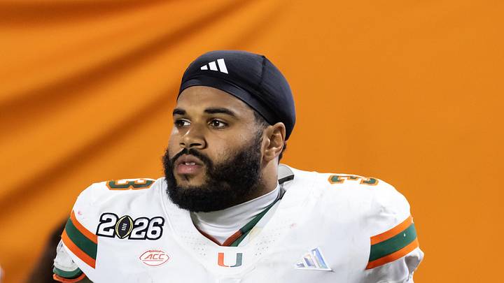 Jan 19, 2026; Miami Gardens, FL, USA; Miami Hurricanes defensive lineman Akheem Mesidor (3) against the Indiana Hoosiers during the College Football Playoff National Championship game at Hard Rock Stadium. Mandatory Credit: Mark J. Rebilas-Imagn Images