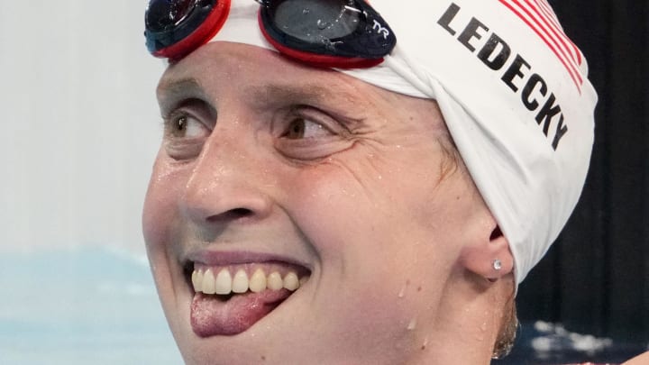 Jul 30, 2024; Nanterre, France; Katie Ledecky (USA) in the women’s 1,500-meter freestyle preliminary heats during the Paris 2024 Olympic Summer Games at Paris La Défense Arena. Mandatory Credit: Rob Schumacher-USA TODAY Sports