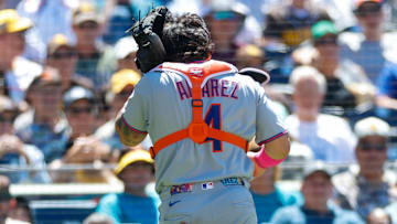 Jul 30, 2025; San Diego, California, USA; New York Mets catcher Francisco Alvarez (4) holds his head after taking a ball to the head during the fifth inning against the San Diego Padres at Petco Park. Mandatory Credit: David Frerker-Imagn Images