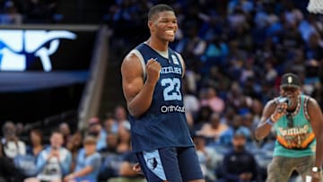 Grizzlies' Cedric Coward (23) takes part in the rookie dance challenge during open practice at the FedExForum on October 4, 2025, in Memphis, Tenn.
