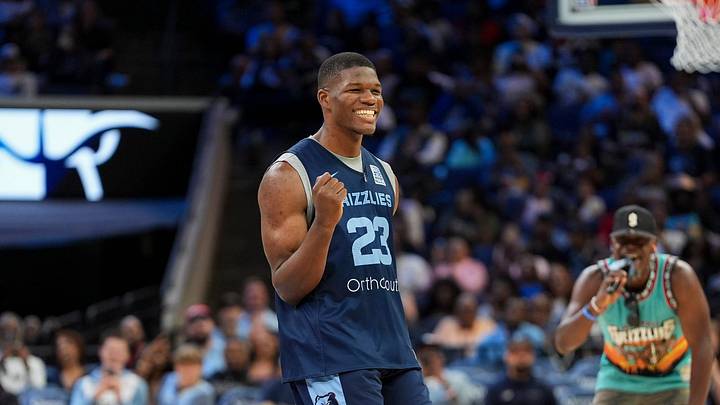 Grizzlies' Cedric Coward (23) takes part in the rookie dance challenge during open practice at the FedExForum on October 4, 2025, in Memphis, Tenn.