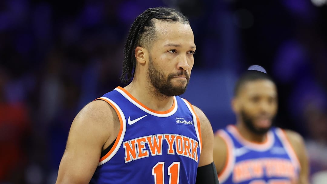 May 8, 2026; Philadelphia, Pennsylvania, USA; New York Knicks guard Jalen Brunson (11) reacts after a play against the Philadelphia 76ers during the fourth quarter of game three of the second round of the 2026 NBA Playoffs at Xfinity Mobile Arena. Mandatory Credit: Bill Streicher-Imagn Images