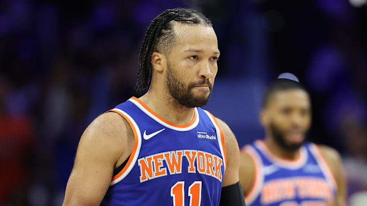 May 8, 2026; Philadelphia, Pennsylvania, USA; New York Knicks guard Jalen Brunson (11) reacts after a play against the Philadelphia 76ers during the fourth quarter of game three of the second round of the 2026 NBA Playoffs at Xfinity Mobile Arena. Mandatory Credit: Bill Streicher-Imagn Images