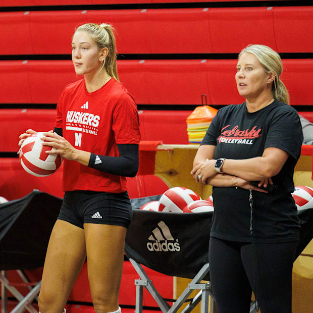 Nebraska volleyball middle blocker Andi Jackson and coach Dani Busboom Kelly at practice ahead of the 2025 season.