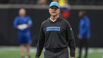 Dec 1, 2024; Atlanta, Georgia, USA; Los Angeles Chargers head coach Jim Harbaugh shown on the field before the game against the Atlanta Falcons at Mercedes-Benz Stadium. Mandatory Credit: Dale Zanine-Imagn Images
