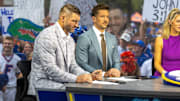 Former Gator quarterback Tim Tebow, left, Along with Ryan McKee and rest of the ESPN SEC Nation panel do their show from Plaza of the Americas in Gainesville, FL on Saturday, October 4, 2025. [Alan Youngblood/Gainesville Sun]