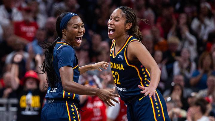 Jun 27, 2026; Indianapolis, Indiana, USA;  Indiana Fever guard Bree Hall (23) and guard Tyasha Harris (52) celebrate a made shot  in the second half against the Los Angeles Sparks at Gainbridge Fieldhouse. Mandatory Credit: Trevor Ruszkowski-Imagn Images