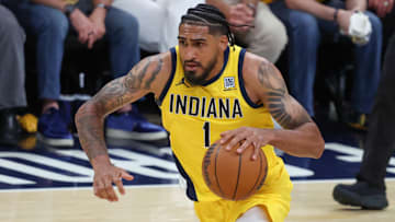 May 31, 2025; Indianapolis, Indiana, USA; Indiana Pacers forward Obi Toppin (1) dribbles the ball against the New York Knicks in thex fourth quarter during game six of the eastern conference finals for the 2025 NBA Playoffs at Gainbridge Fieldhouse. Mandatory Credit: Trevor Ruszkowski-Imagn Images