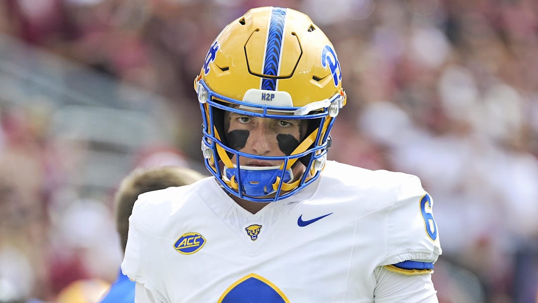 Oct 11, 2025; Tallahassee, Florida, USA; Pittsburgh Panthers quarterback Mason Heintschel (6) before the game against the Florida State Seminoles at Doak S. Campbell Stadium. Mandatory Credit: Melina Myers-Imagn Images