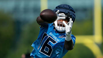 Tennessee Titans wide receiver Treylon Burks (16) makes a catch during the Tennessee Titans second day of training camp at Ascension Saint Thomas Sports Park in Nashville, Tenn., Thursday, July 24, 2025.