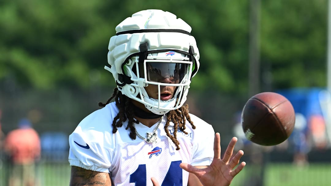 Jul 24, 2024; Rochester, NY, USA; Buffalo Bills wide receiver Chase Claypool (14) catches a pass during training camp at St. John Fisher University. Mandatory Credit: Mark Konezny-Imagn Images