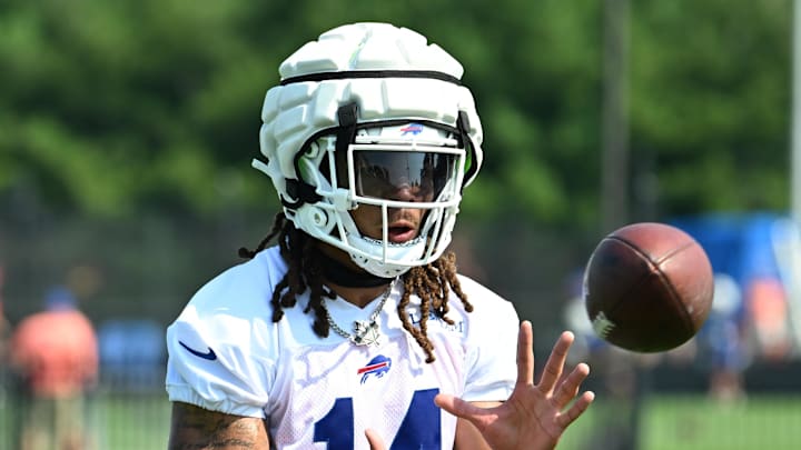 Jul 24, 2024; Rochester, NY, USA; Buffalo Bills wide receiver Chase Claypool (14) catches a pass during training camp at St. John Fisher University. Mandatory Credit: Mark Konezny-Imagn Images