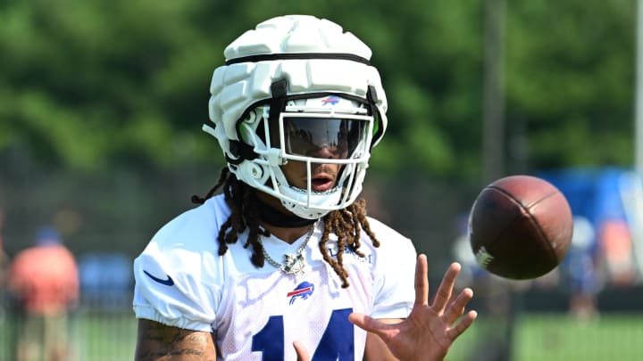 Jul 24, 2024; Rochester, NY, USA; Buffalo Bills wide receiver Chase Claypool (14) catches a pass during training camp at St. John Fisher University. 