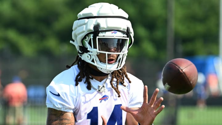 Jul 24, 2024; Rochester, NY, USA; Buffalo Bills wide receiver Chase Claypool (14) catches a pass during training camp at St. John Fisher University. Mandatory Credit: Mark Konezny-USA TODAY Sports