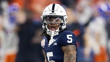 Dec 31, 2024; Glendale, AZ, USA; Penn State Nittany Lions wide receiver Omari Evans (5) against the Boise State Broncos during the Fiesta Bowl at State Farm Stadium. Mandatory Credit: Mark J. Rebilas-Imagn Images