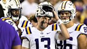 Oct 26, 2024; College Station, Texas, USA; LSU Tigers quarterback Garrett Nussmeier (13) gets ready to take the field in the first half against the Texas A&M Aggies at Kyle Field. Mandatory Credit: Maria Lysaker-Imagn Images. 