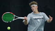 Brookfield Central High School’s Jacob Smith competes in a doubles match during the WIAA boys individual state tennis tournament Friday, May 31, 2024, at Nielsen Tennis Stadium in Madison, Wis..