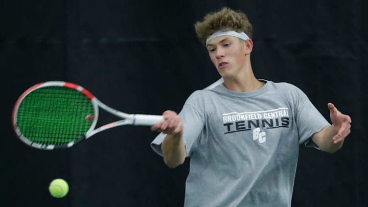 Brookfield Central High School’s Jacob Smith competes in a doubles match during the WIAA boys individual state tennis tournament Friday, May 31, 2024, at Nielsen Tennis Stadium in Madison, Wis.. Brookfield Central High School’s Jacob Smith competes in a doubles match during the WIAA boys individual state tennis tournament Friday, May 31, 2024, at Nielsen Tennis Stadium in Madison, Wis..