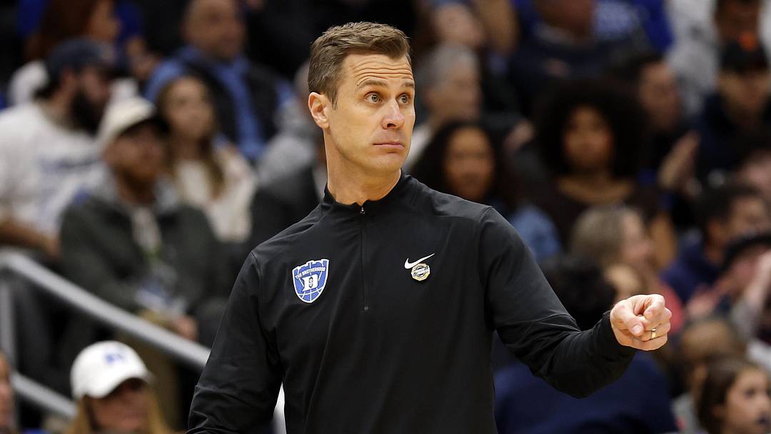 Mar 27, 2026; Washington, DC, USA; Duke Blue Devils head coach Jon Scheyer reacts in the first half during a Sweet Sixteen game of the East Regional of the men's 2026 NCAA Tournament at Capital One Arena. Mandatory Credit: Geoff Burke-Imagn Images